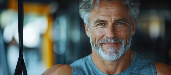 Smiling mature man with gray hair and beard in workout attire looking at camera in gym with blurred background and copy space