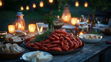 a traditional kr&auml;ftskiva table, featuring a pile of bright red crayfish on a large platter, garnished with fresh dill, surrounded by bowls of bread, cheese, and schnapps glasses, set outdoors