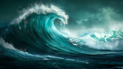 Abstract light wave on dark teal dramatic water backdrop. Mystic Wave. Illustration