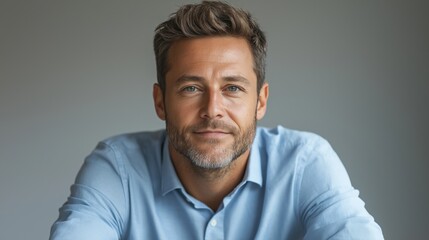A confident man with a beard wearing a light blue shirt, smiling softly against a neutral background