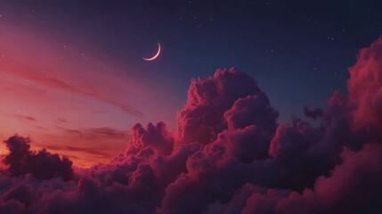 A cinematic depiction of clouds at dusk, deep crimson and amber skies transitioning into deep indigo, a glowing crescent moon rising in the backdrop