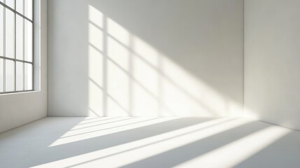 Obraz premium Minimalist interior space with large window casting geometric shadows on empty walls and floor, Copy Space for text.