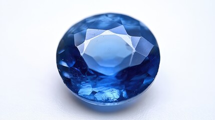 Close-up of a polished blue sapphire gemstone with facets reflecting light on a white background Copy Space