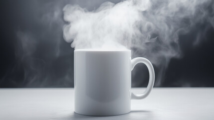 mocap of  white mug with steam rising on a white surface for artistic product display