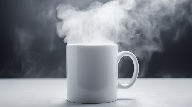 mocap of  white mug with steam rising on a white surface for artistic product display