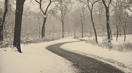 Winding snow-covered pathway through a tranquil winter park surrounded by trees and falling snowflakes Copy Space