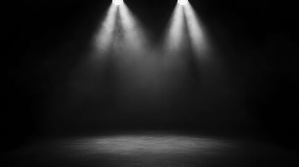 Spotlights illuminating a dark stage with smoke effects and ample Copy Space for text placement