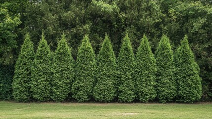 Row of tall green conifer trees creating a natural hedge with clear copy space for text in grassy landscape.
