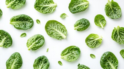Fresh romaine lettuce leaves arranged on a white background with ample copy space for text placement