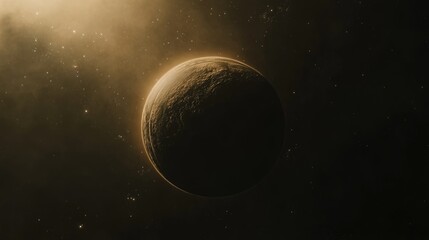 Dark celestial body in space with subtle illumination against a starry backdrop and Copy Space for text placement