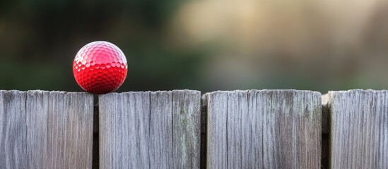 Red golf ball on wooden fence with blurred natural background and ample copy space for text placement