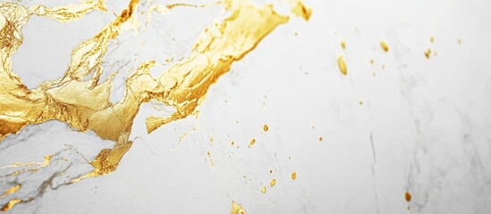 Abstract gold and white background with splashes of liquid gold on a marble texture and ample copy space for text placement