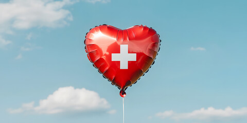 A red heart-shaped balloon with a white cross floats against a bright blue sky, creating a cheerful and uplifting image. Perfect for themes of love, hope, and positive emotions.