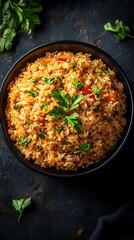 Turkish style rice pilaf in black bowl on dark background