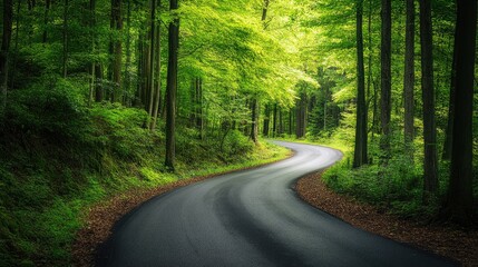 Fototapeta premium Curved asphalt road winding through a lush green forest with tall trees and soft natural light Copy Space