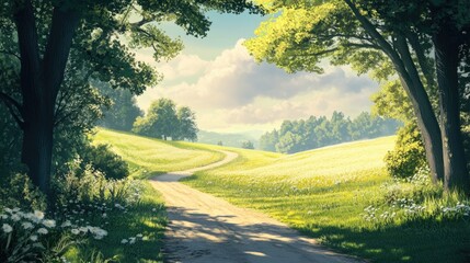 Fototapeta premium Scenic rural landscape with winding dirt road through lush greenery and trees under a cloudy sky with soft sunlight Copy Space
