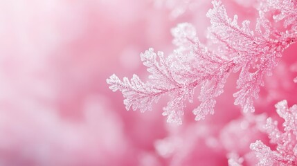 Frosted pink leaves with delicate ice crystals on blurred background Copy Space