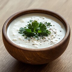 Yoghurt soup with parsley and spices in bowl on wooden table