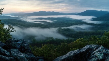 Foggy Mountain Landscape at Dawn over a Valley with Copy Space for Text