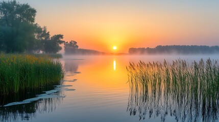 Fototapeta premium Serene Sunrise Lake Landscape with Misty Morning Reflections