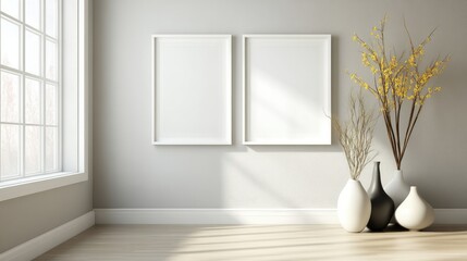 Minimalist interior design featuring two empty white frames on a light grey wall, accompanied by decorative vases and branches, with copy space.