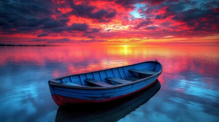 Fototapeta premium Serene Sunset Boat on Calm Water Landscape Photo