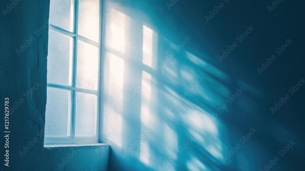 Poster light shining through a window casting shadows on a blue wall with soft illumination and copy space 