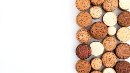Collection of natural wine corks arranged on a white background with ample copy space for text placement