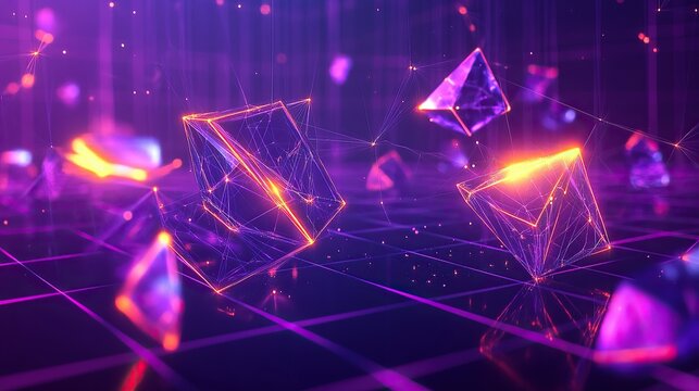 A dynamic scatterplot made of glowing geometric shards bright with neon gradients