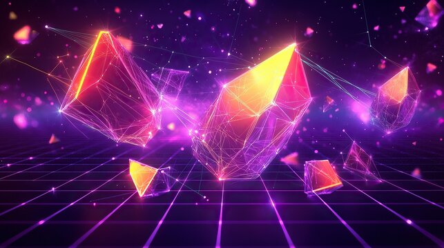 A dynamic scatterplot made of glowing geometric shards bright with neon gradients