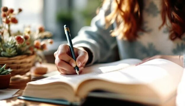 Close-up of hand writing in open book on wood table in bright indoor light cozy home study environment