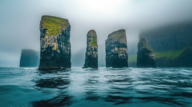 Misty coastal landscape featuring four rock formations emerging from the ocean surrounded by fog and calm waters with Copy Space - Powered by Adobe