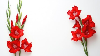 Red gladiolus flowers arranged on a white background with copy space for text placement.