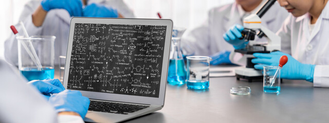 Mathematic equations and brisk formula on computer screen showing concept of science and education