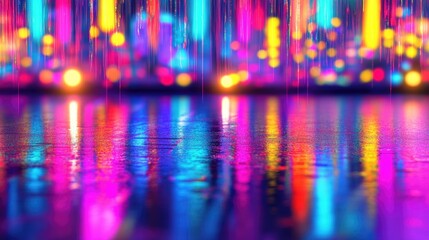 Fototapeta premium Vibrant abstract background with colorful light reflections on wet surface and bokeh effects in an urban night setting Copy Space