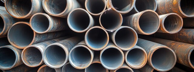 Stacked industrial metal pipes with circular openings displaying rust and wear Copy Space
