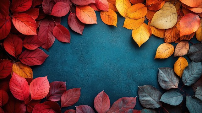 Colorful autumn leaves frame a textured blue background with ample copy space for text or graphics.