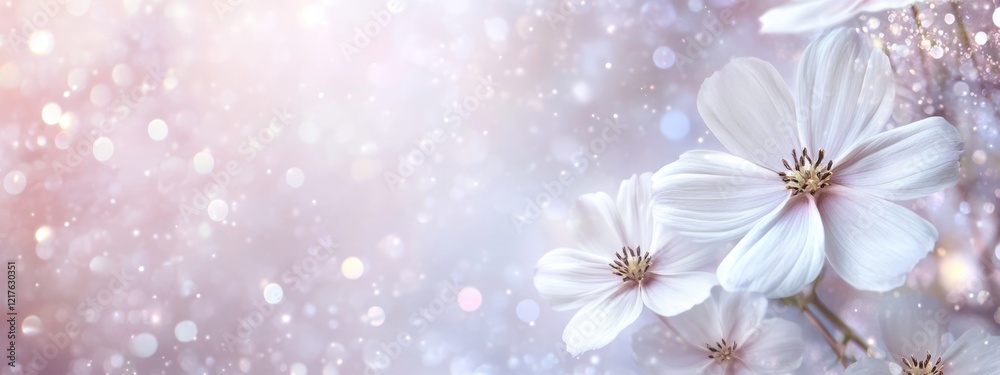 Poster delicate white flowers with soft bokeh background creating a peaceful atmosphere with copy space for