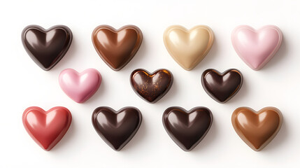 ? A set of heart-shaped chocolates with different flavors isolated on white background in HD