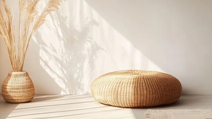 Fototapeta premium Modern minimalist interior with round woven pouf, decorative vase and dried pampas grass casting shadows on white wall, Copy Space available.