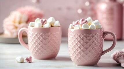 Pink ceramic mugs filled with marshmallows and heart-shaped candies on light background with Copy Space