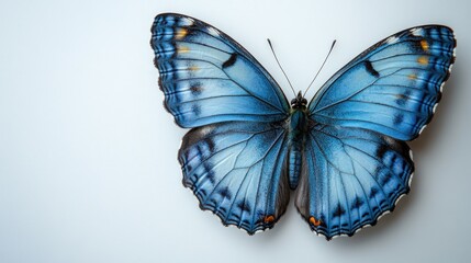 Blue Morpho Butterfly on White Background with Copy Space for Text