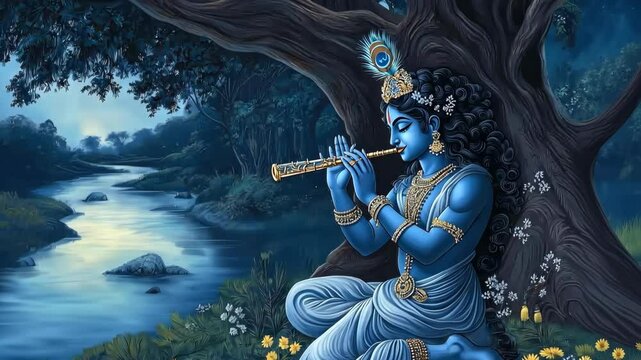Lord Krishna playing the flute under a tree near a river, surrounded by flowers and glowing moonlight. Mythology and spirituality concept. High quality 4k footage