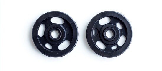 Black plastic pulleys with multiple holes positioned on a white background, ideal for mechanical applications, Copy Space available