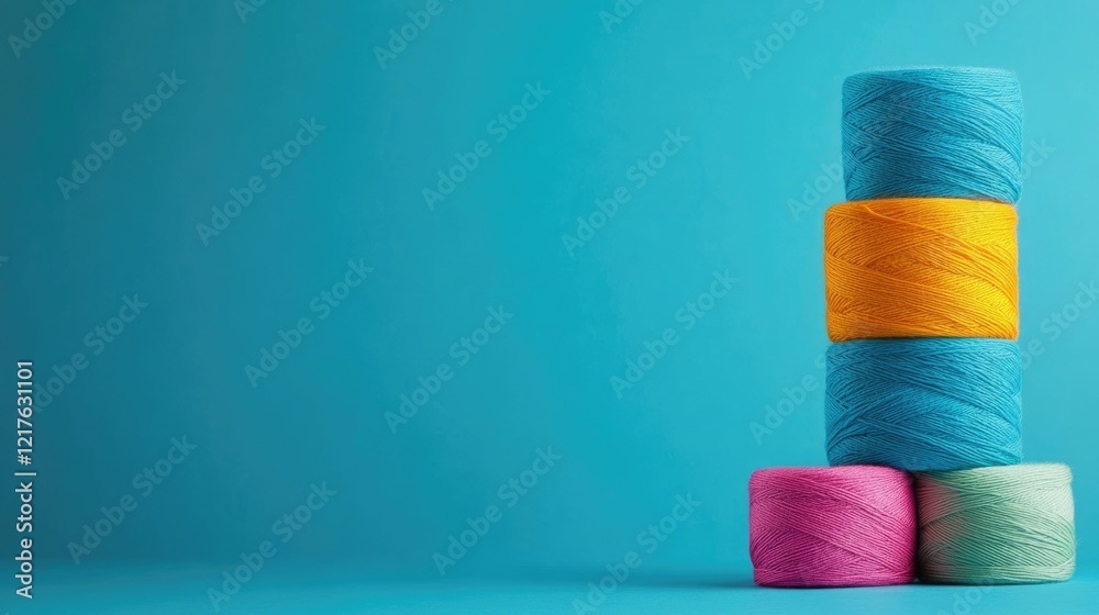 Poster colorful spools of thread stacked on a solid turquoise background with copy space for text placement