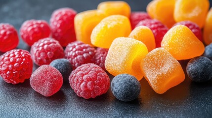 Colorful gummy candies on dark background with copy space for text. Assorted jelly sweets including raspberry and orange flavors.