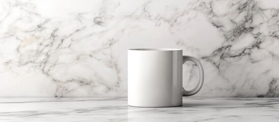 White ceramic coffee mug on a marble countertop with copy space for text or design elements