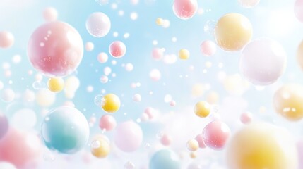 Colorful pastel bubbles floating in a dreamy soft-focus background with light blue and white tones Copy Space