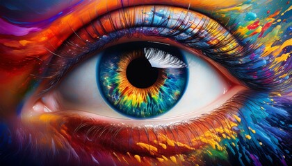 Generated"Surreal Close-Up of a Vibrant Eye with Colorful Paint Splashes"

 image