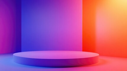 Colorful abstract background with gradient lighting on circular podium and walls, ideal for showcasing products or displays, Copy Space